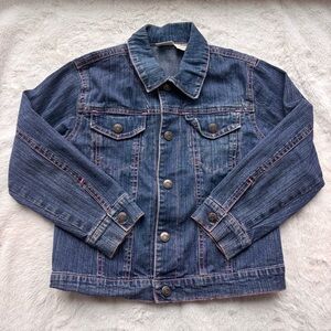 Cherokee Girls Denim Jean Jacket Size 6 Dark Wash Pink Stitching Stretch